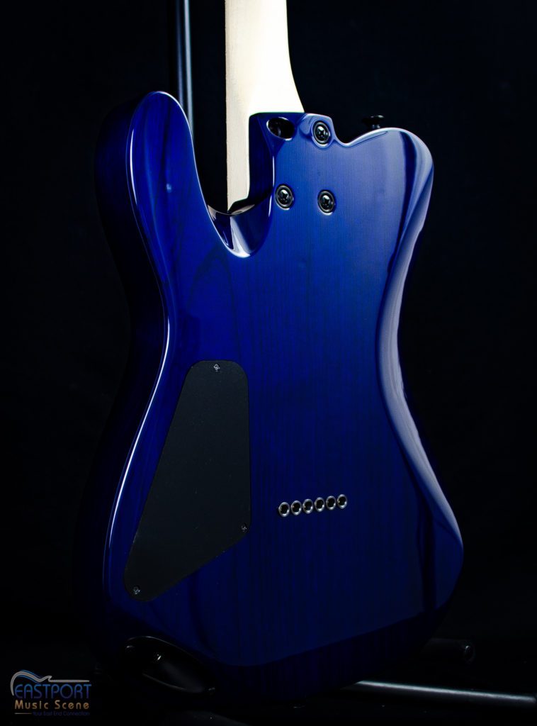 A blue guitar is shown with the top of it.