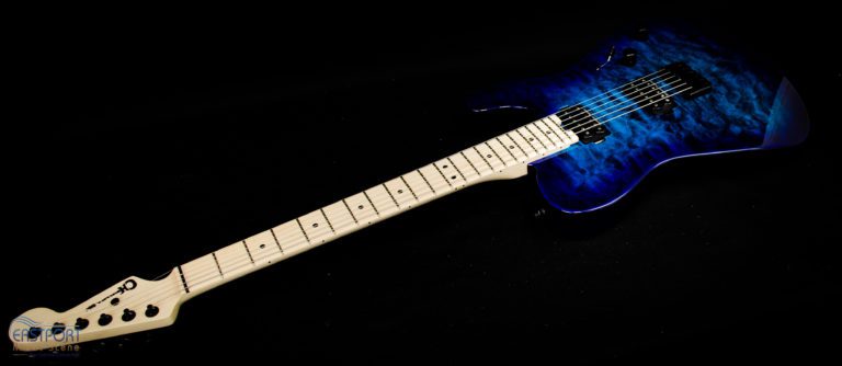 A blue electric guitar with white strings and black body.