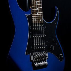 A blue electric guitar with black trim and chrome hardware.