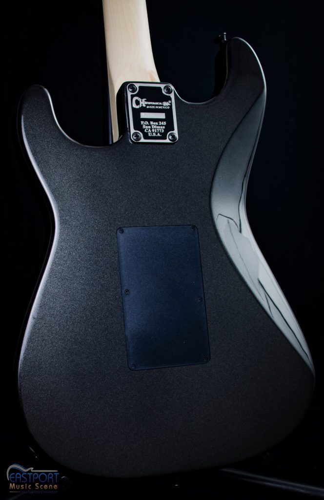 A guitar with a black back and a blue front.