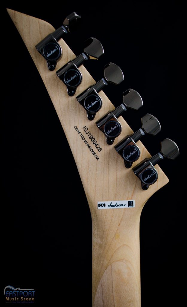 A guitar with six strings and a black headstock.
