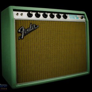 A green and white fender amplifier with black knobs.