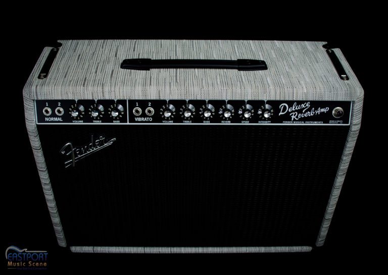 A black and white fender guitar amp