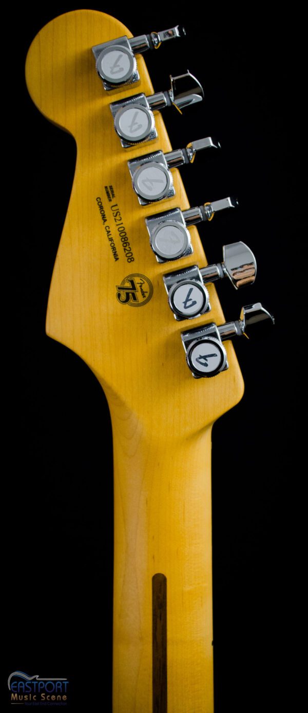 A close up of the headstock on an electric guitar